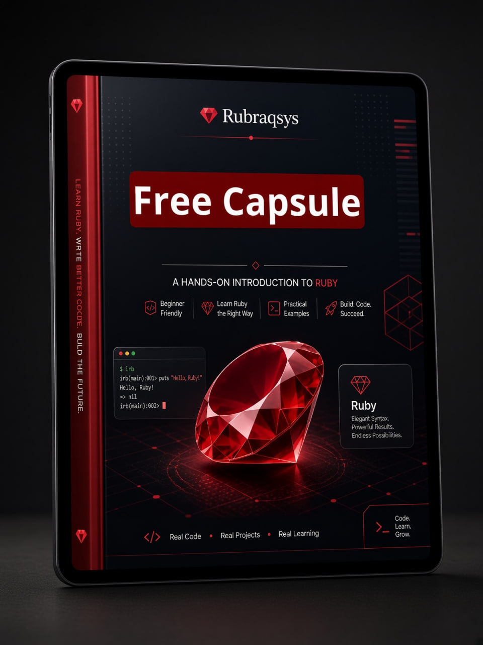 A tablet device displaying a promotional interface for Rubraqsys titled 'Free Capsule,' with a large red gem graphic and red/black design elements on the screen, set against a dark studio background.