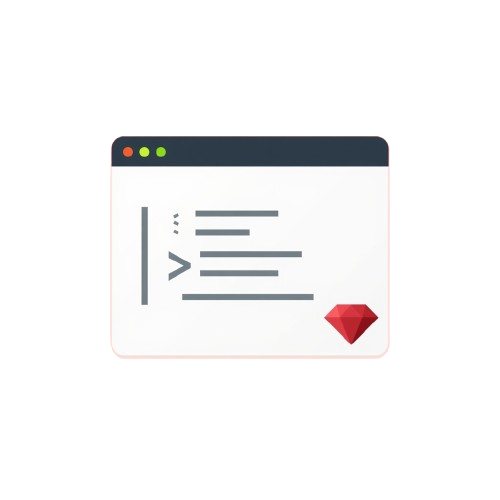 A minimalist vector icon of a computer window displaying code lines and a red diamond shape, isolated on a white background.