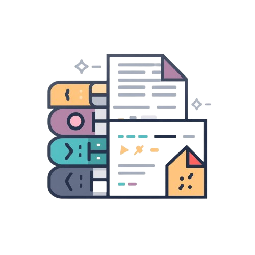 A flat vector icon depicting a stack of colorful books or files next to document pages and a sticky note, rendered in a minimalist line art style on a white background.