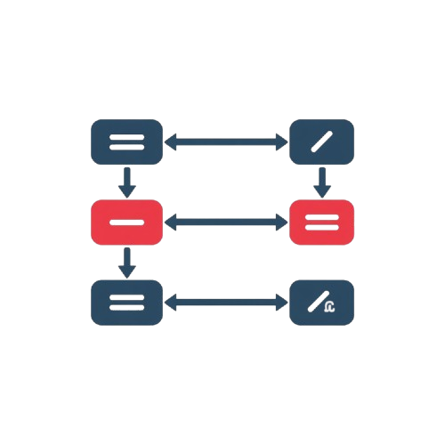 A minimalist vector diagram on a white background showing three rows of rounded rectangular nodes connected by arrows. The top and bottom rows contain dark blue-gray boxes with white equals signs and pencil icons, while the middle row contains red boxes with equals signs.