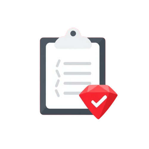 A flat vector icon of a clipboard with a checklist and a red gemstone badge featuring a white checkmark, set against a solid white background.