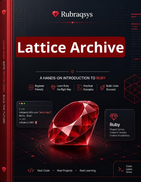 Book cover for 'Lattice Archive' by Rubraqsys, featuring a large red gemstone on a dark red and black background with Ruby-themed text and graphics.