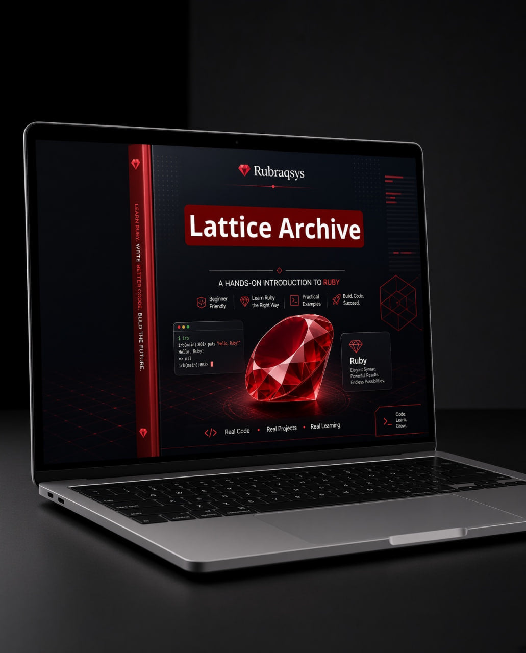 An open silver laptop on a dark surface displaying a website or app interface titled 'Lattice Archive' with a large red gem graphic and the Rubagays branding on screen.