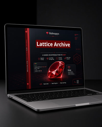 An open silver laptop on a dark surface displaying a website or app interface titled 'Lattice Archive' with a large red gem graphic and the Rubagays branding on screen.
