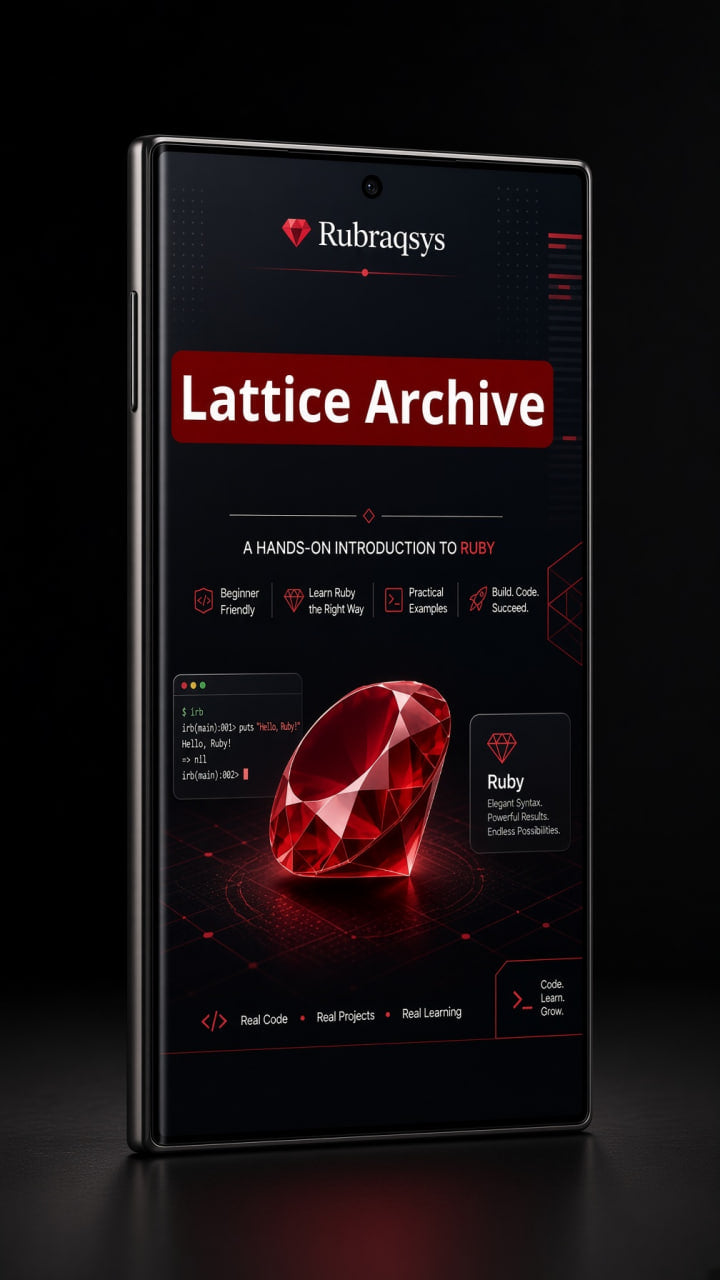A smartphone displaying a Rubragsys 'Lattice Archive' Ruby programming course interface, set against a dark, reflective background.