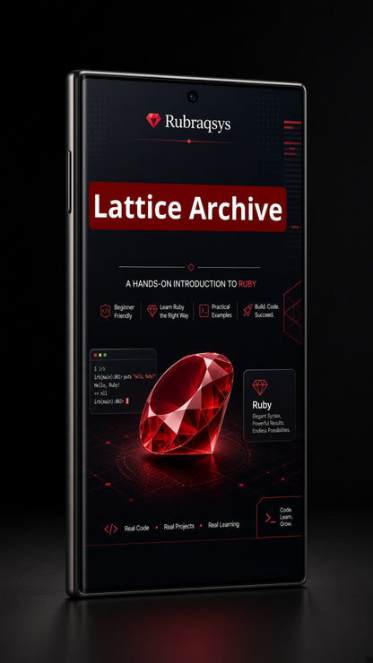 A smartphone displaying a Rubragsys 'Lattice Archive' Ruby programming course interface, set against a dark, reflective background.