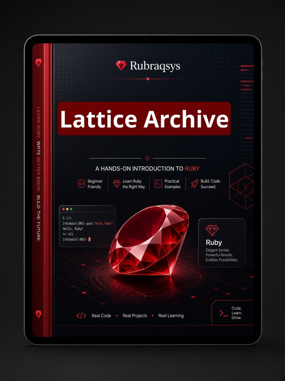 A digital book cover for 'Lattice Archive' by Rubraqsys, displayed on a tablet screen. The cover features a dark theme with a large red gemstone graphic and red accents.