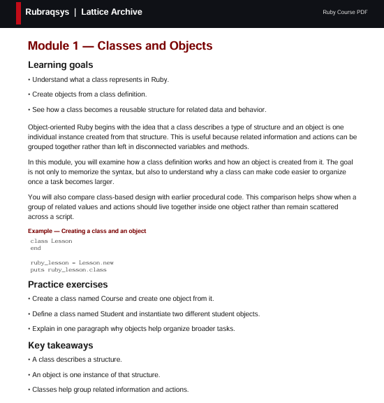 A digital preview page of a Ruby course document titled 'Module 1 Classes and Objects' from Rubyrugs | Lattice Archive, featuring learning goals and practice exercises on a white page with black text.