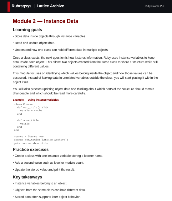 A screenshot of a Ruby on Rails Lattice Archive educational document titled 'Module 2 — Instance Data' from the 'Rubyspugs | Lattice Archive' series. The page features a black header with white text and a white body with black text, outlining learning goals and practice exercises related to instance variables in Ruby.