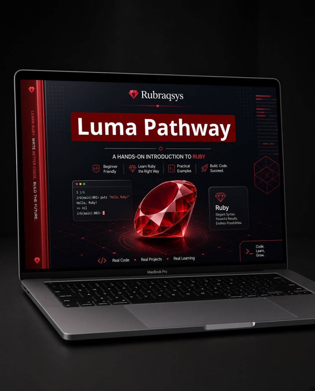 A silver MacBook Pro laptop on a dark surface displaying a digital course or guide titled 'Luma Pathway' by Rubragsys, featuring a large red gem graphic and Ruby programming content on the screen.