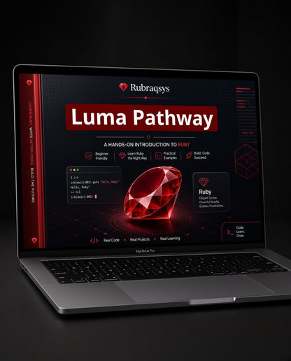 A silver MacBook Pro laptop on a dark surface displaying a digital course or guide titled 'Luma Pathway' by Rubragsys, featuring a large red gem graphic and Ruby programming content on the screen.