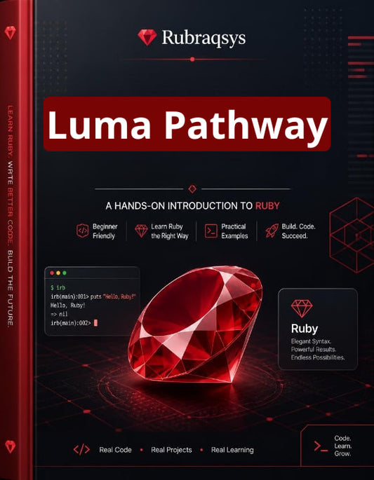 Front cover of a Ruby programming book titled "Luma Pathway" by Rubraqsys, shown on a dark background with a large red gem graphic and red text accents.