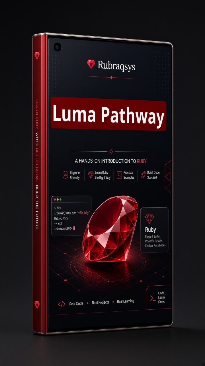 A smartphone-style device shown upright on a dark background, displaying a promotional interface for 'Luma Pathway' by Rubraqsys. The device itself has a dark gray/black front with a vivid red side edge and red accents, and the screen shows a large red gem graphic with text panels.