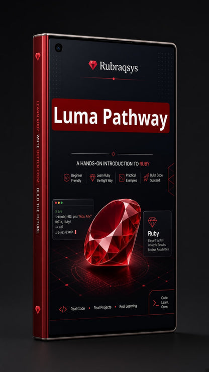 A smartphone-style device shown upright on a dark background, displaying a promotional interface for 'Luma Pathway' by Rubraqsys. The device itself has a dark gray/black front with a vivid red side edge and red accents, and the screen shows a large red gem graphic with text panels.