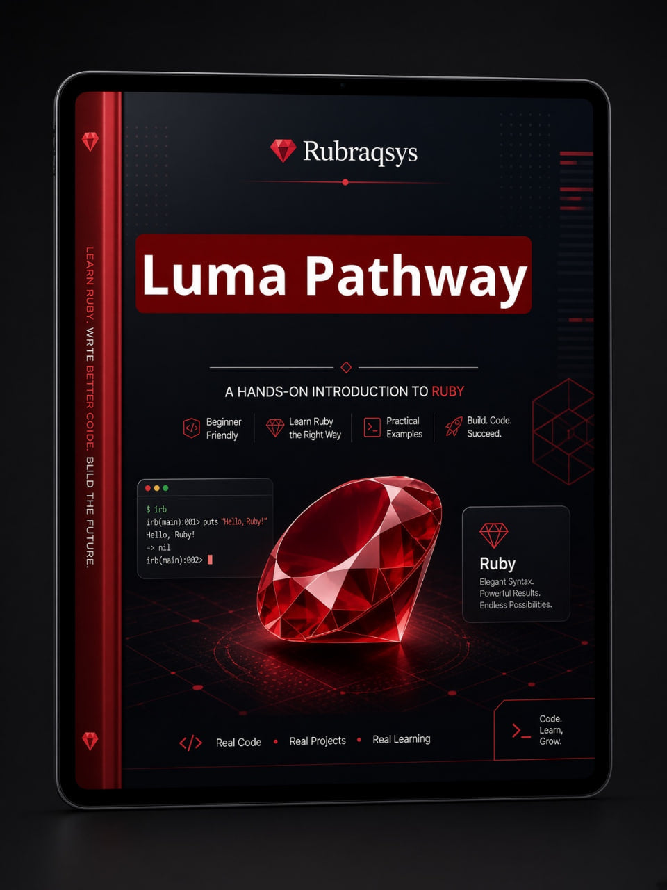A tablet device displaying a book or guide titled "Luma Pathway" by Rubraqsys, with a dark red and black cover featuring a large red gem graphic and Ruby text.