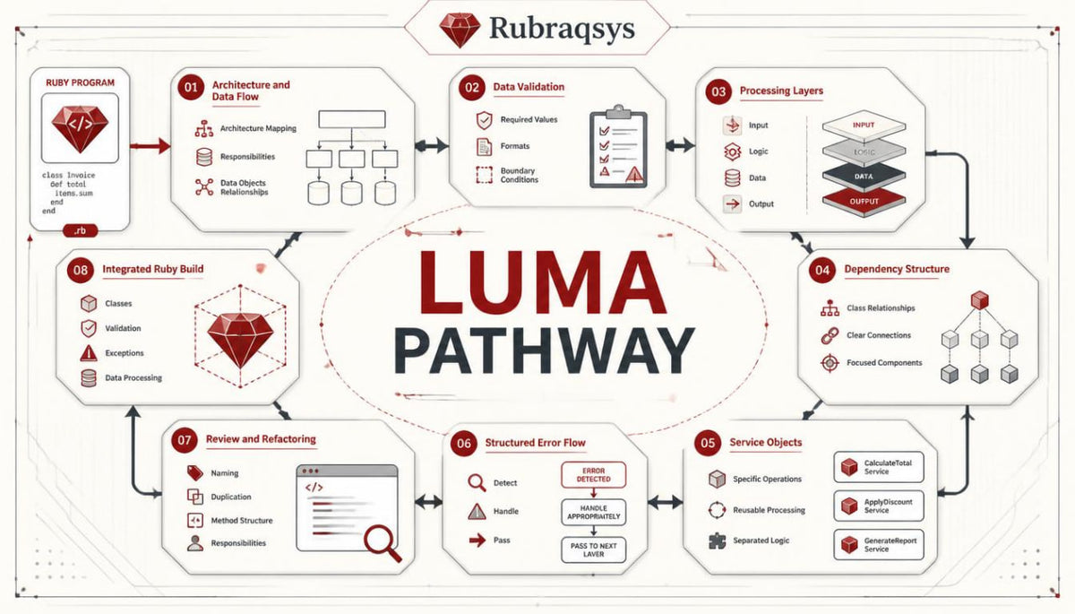 A Rubraqsys Luma Pathway diagram infographic detailing the software development lifecycle, featuring process steps from Ruby on Rails to Service Objects, with a central 'LUMA PATHWAY' title.