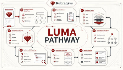 A Rubraqsys Luma Pathway diagram infographic detailing the software development lifecycle, featuring process steps from Ruby on Rails to Service Objects, with a central 'LUMA PATHWAY' title.