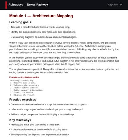 A digital document page titled 'Rubyconcepts | Nexus Pathway' with the heading 'Module 1 — Architecture Mapping' and text about learning goals, practice exercises, and key takeaways for Ruby on Rails development.