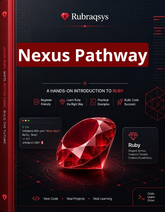 Front cover of a Ruby programming book titled "Nexus Pathway" by Rubraqsys, shown as a clean product-style graphic with a dark background, red title banner, and a large red gem illustration.