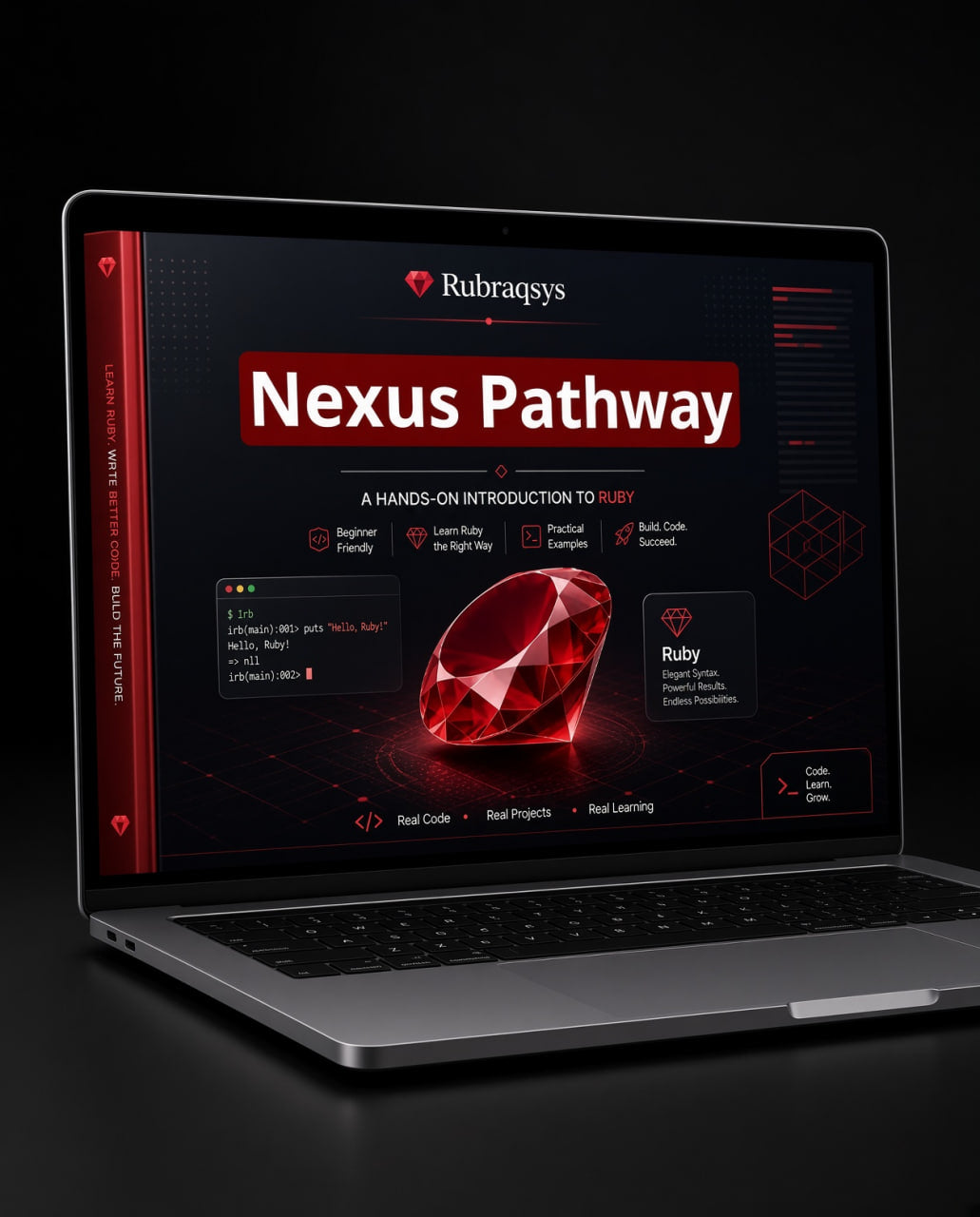 A silver laptop on a dark surface displaying a promotional interface for 'Nexus Pathway' by Rubraqys, featuring a large red gem graphic and course modules on screen.