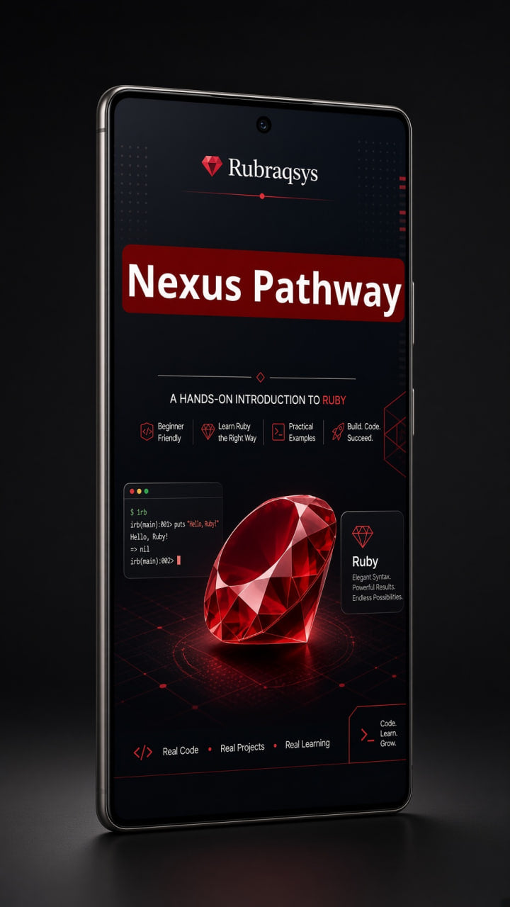 A smartphone mockup on a dark background displaying a digital course or app interface titled 'Nexus Pathway' with the Rubraqsys logo and a large red gem graphic.