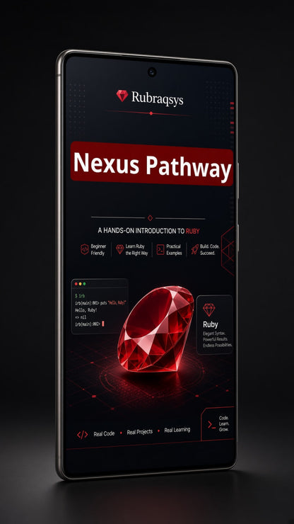 A smartphone mockup on a dark background displaying a digital course or app interface titled 'Nexus Pathway' with the Rubraqsys logo and a large red gem graphic.