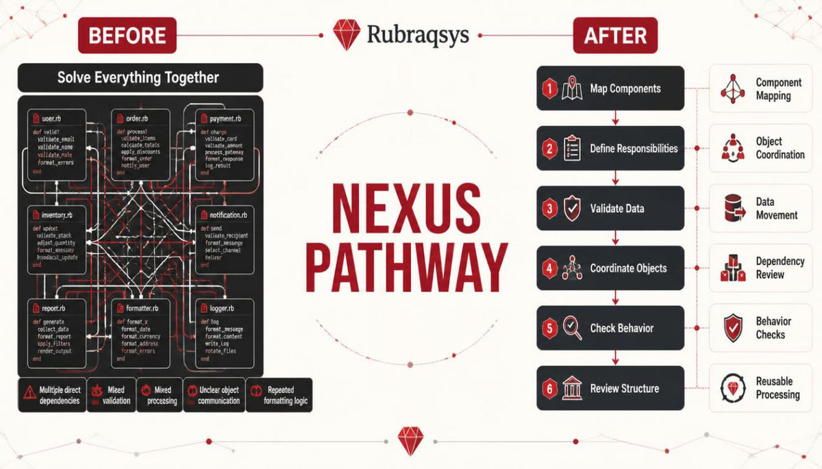 A process flowchart infographic titled 'NEXUS PATHWAY' by Rubraqsys, showing a 'BEFORE' section on the left with a complex workflow diagram and an 'AFTER' section on the right with six numbered steps, all on a white background with red accents.