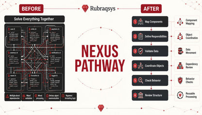 A process flowchart infographic titled 'NEXUS PATHWAY' by Rubraqsys, showing a 'BEFORE' section on the left with a complex workflow diagram and an 'AFTER' section on the right with six numbered steps, all on a white background with red accents.
