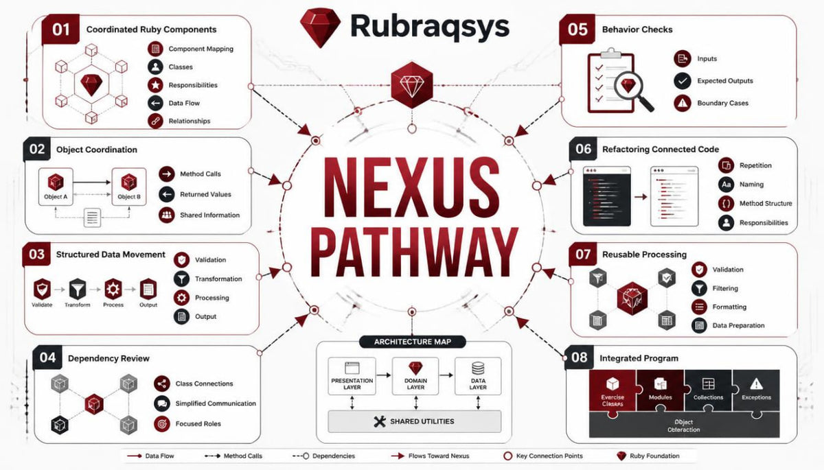 A digital infographic titled 'Nexus Pathway' by Rubraqsys, outlining an architectural design process with eight numbered steps, including dependency review, object coordination, structured data movement, and integrated programs, presented on a white background with red and black graphics.