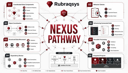 A digital infographic titled 'Nexus Pathway' by Rubraqsys, outlining an architectural design process with eight numbered steps, including dependency review, object coordination, structured data movement, and integrated programs, presented on a white background with red and black graphics.