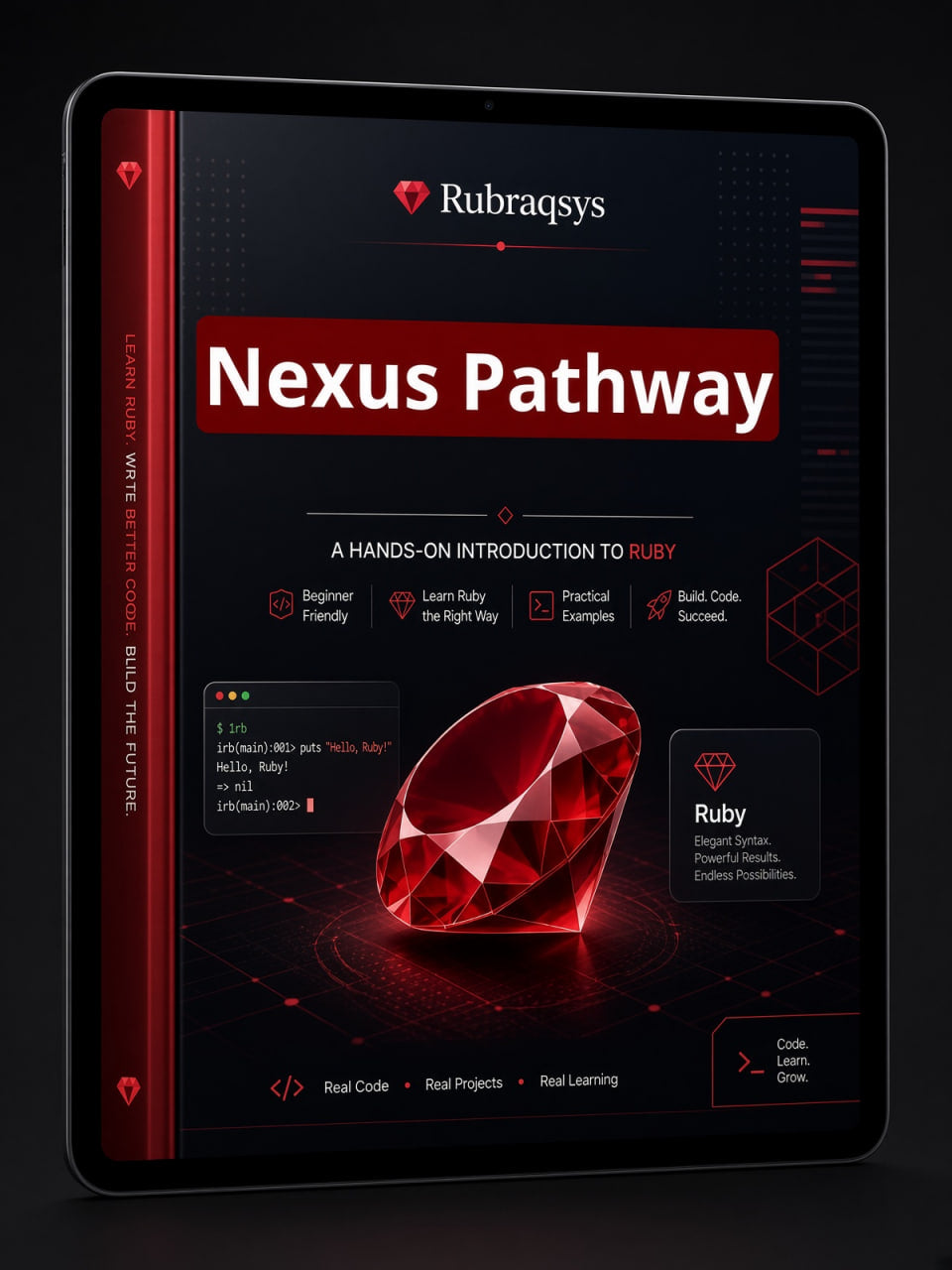 A digital course or guide titled 'Nexus Pathway' displayed on a tablet screen, featuring a dark theme with red accents and a large 3D gem graphic. The brand name 'Rubraqsys' is visible at the top.