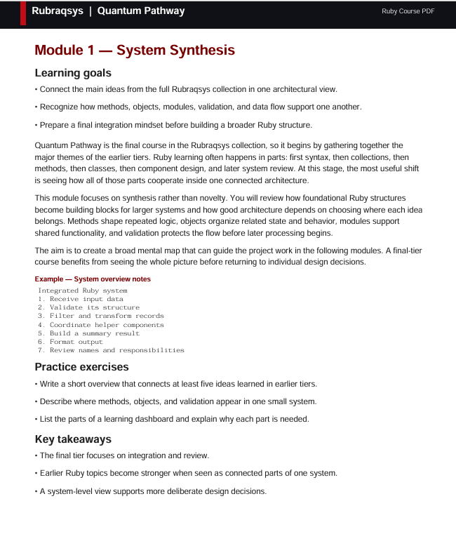 A digital preview page of a Ruby on Rails / Quantum Pathway PDF document, showing Module 1: System Synthesis with text content, learning goals, practice exercises, and key takeaways.