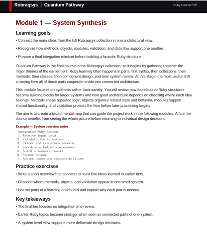 A digital preview page of a Ruby on Rails / Quantum Pathway PDF document, showing Module 1: System Synthesis with text content, learning goals, practice exercises, and key takeaways.