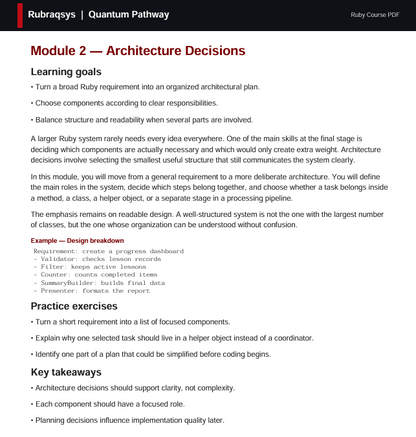 A digital document page titled 'Rubqagryqs | Quantum Pathway' and 'Module 2 Architecture Decisions', featuring a bulleted list of learning goals, a practical exercise, and key takeaways on a white background with black text.