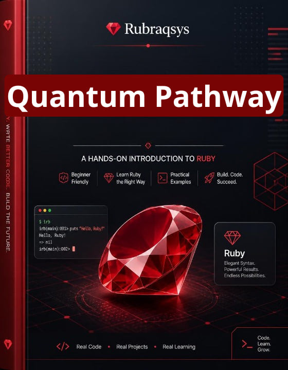 Front cover of the book 'Quantum Pathway: A Hands-On Introduction to Ruby' by Rubraqsys, featuring a large red gemstone graphic on a dark red and black background with Ruby-themed text and icons.