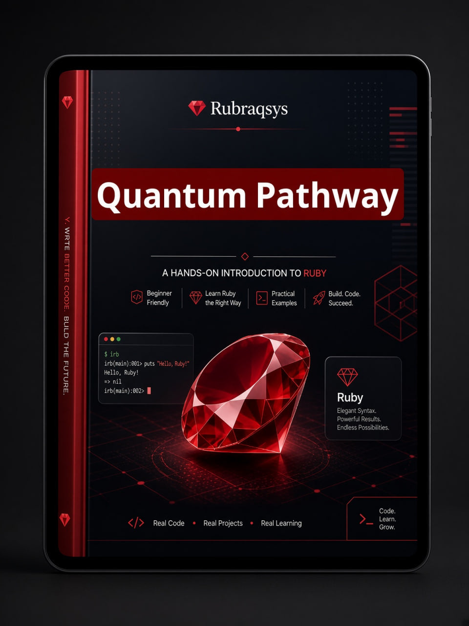 A digital mockup of a tablet displaying a book cover titled 'Quantum Pathway' by Rubraqsys, featuring a large red gem graphic on a dark background.