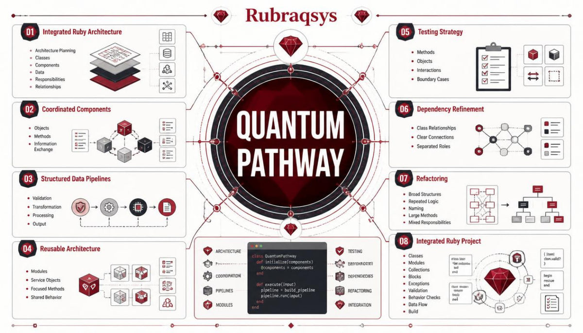 A digital infographic poster titled 'Rubraqsys Quantum Pathway' detailing a software architecture and development roadmap with various technical milestones, diagrams, and code snippets.