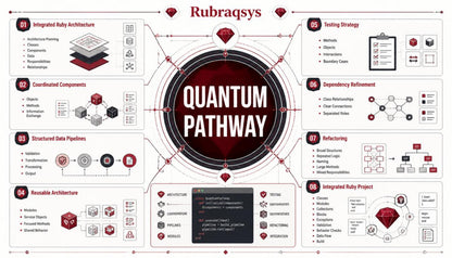 A digital infographic poster titled 'Rubraqsys Quantum Pathway' detailing a software architecture and development roadmap with various technical milestones, diagrams, and code snippets.