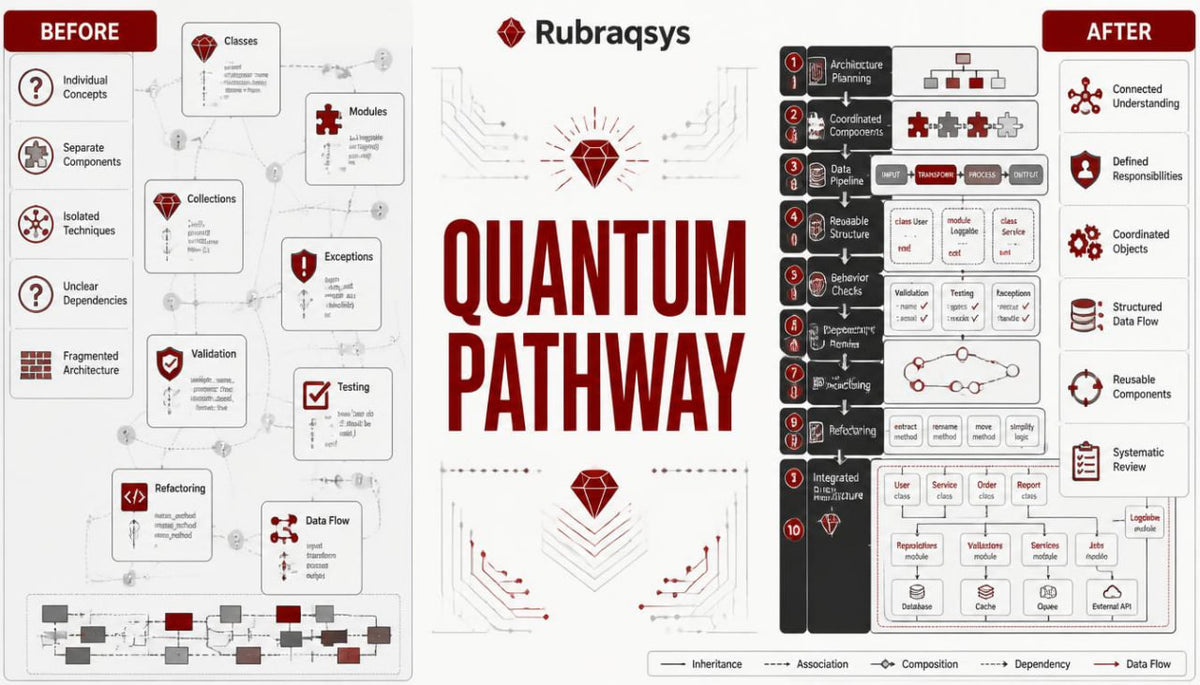 A digital infographic titled 'QUANTUM PATHWAY' by Rubraqsys, comparing a traditional software development workflow labeled 'BEFORE' on the left with a modern workflow labeled 'AFTER' on the right, using a clean white background with red and black text and diagrams.