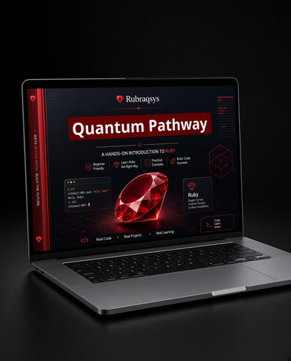 An open silver laptop on a dark surface displaying a digital course or website titled 'Quantum Pathway' with Rubragays branding and a large red gem graphic on the screen.