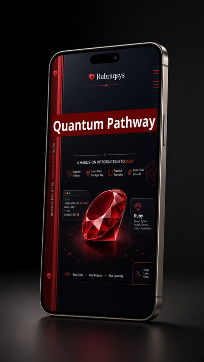 A smartphone shown upright on a dark studio background, displaying a promotional app or website interface titled 'Quantum Pathway' with a large red gem graphic and the brand name 'Rubagray' visible near the top.