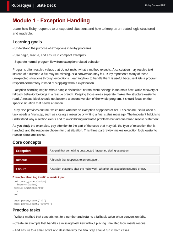A text-based Ruby programming lesson slide titled 'Rubyraysg | Slate Deck' with the heading 'Module 1 - Exception Handling' and bullet points covering learning goals, core concepts, and a practice section.