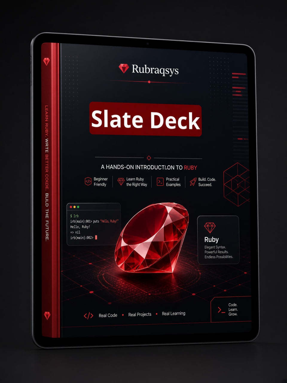 A tablet device displaying a digital cover for a Ruby programming course titled 'Slate Deck' by Rubraqsys, with a large red gem graphic and dark red and black design elements.