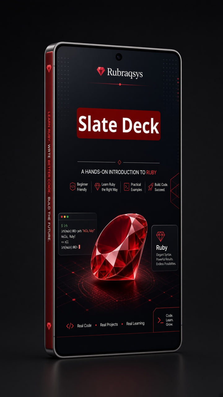 A smartphone mockup displaying a digital course or app interface titled 'Slate Deck' with a large red gem graphic on the screen. The phone has a black and dark gray body with red accents, shown against a dark studio background.