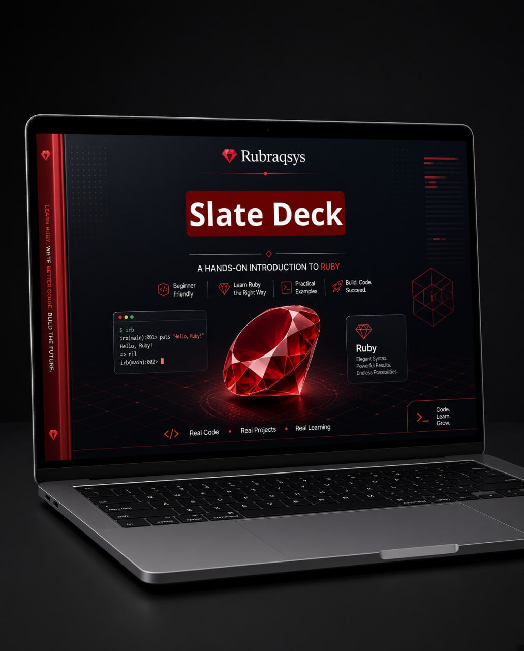 A silver laptop on a dark surface displaying a digital Rubragys 'Slate Deck' Ruby programming course interface with a large red gem graphic on screen.