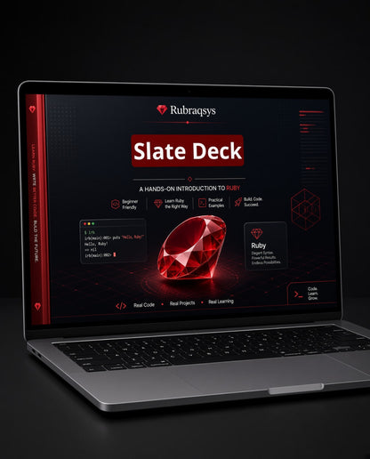 A silver laptop on a dark surface displaying a digital Rubragys 'Slate Deck' Ruby programming course interface with a large red gem graphic on screen.